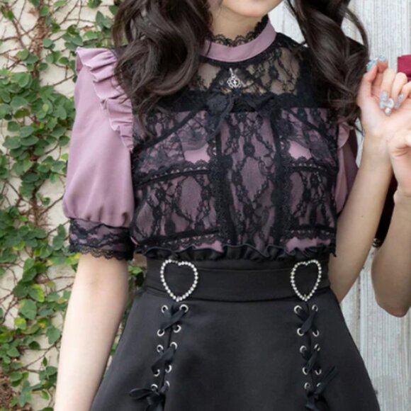 Dear My Love Purple and Black Lace Cross Ruffle Short Sleeve Blouse - Picture 2 of 4